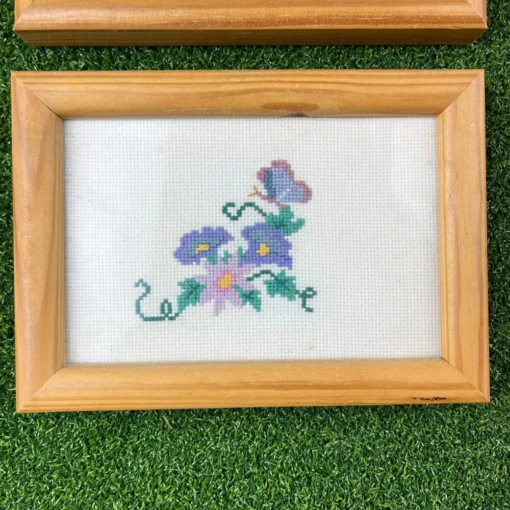 Vintage Lot of 2 Hand Stitched Alicia Floral Butterfly Wooden Frame